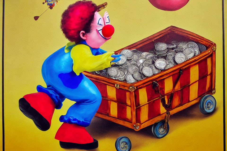 Colorful Clown Drawing with Red Nose and Oversized Shoes Pushing Cart of Silver Coins on Yellow Background
