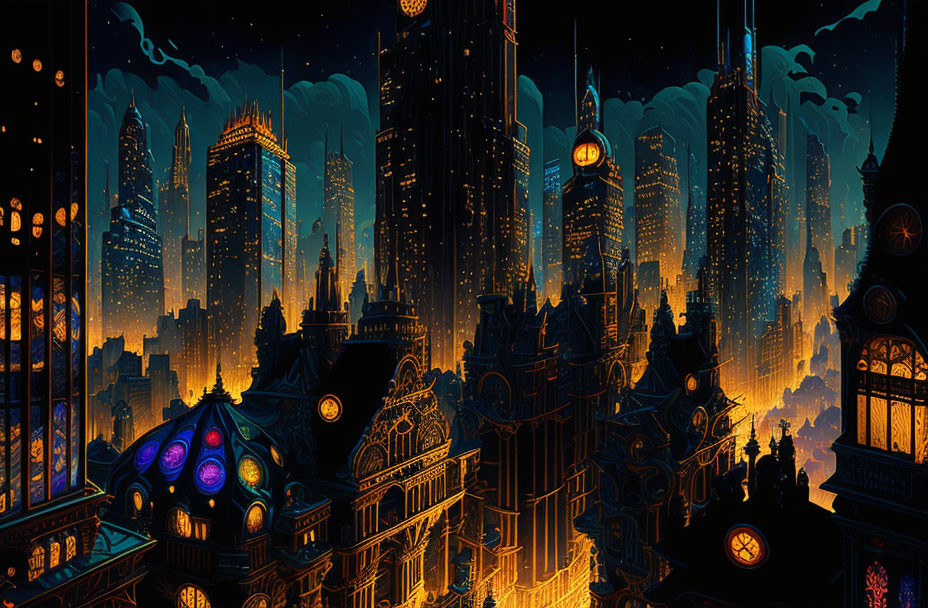 Nocturnal Cityscape Illustration with Glowing Windows and Skyscrapers
