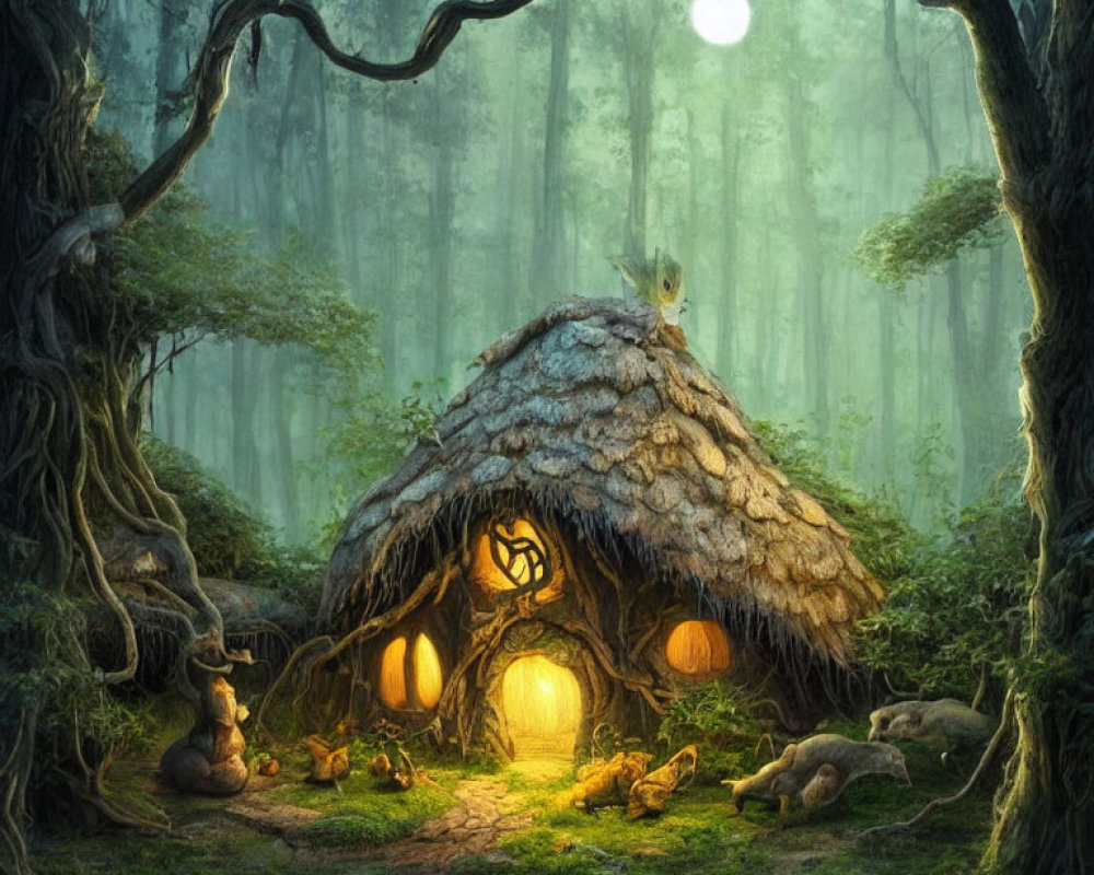 Twilight forest scene with cozy hut, rabbit, and moonlit trees