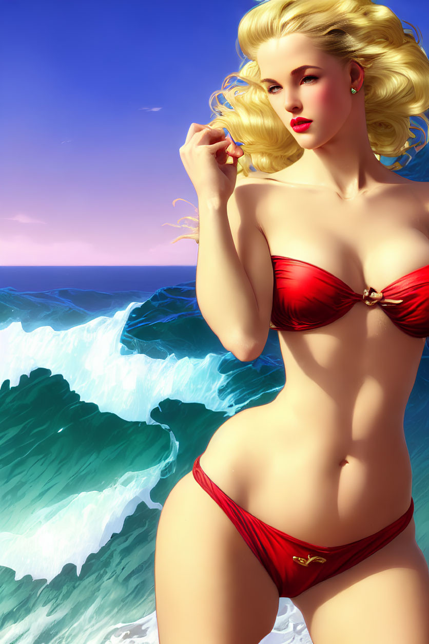 Woman in red bikini by ocean with crashing waves - Illustration