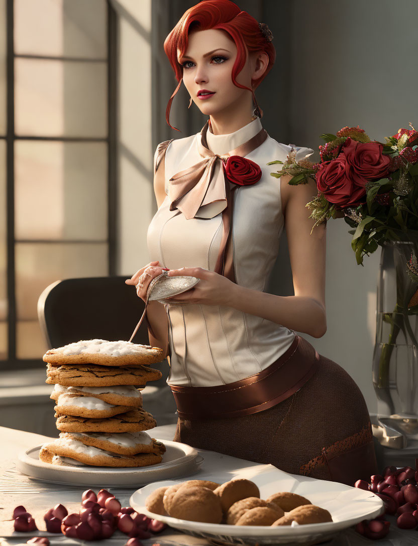 Red-haired female avatar with pancakes, cookies, and flowers in softly lit room
