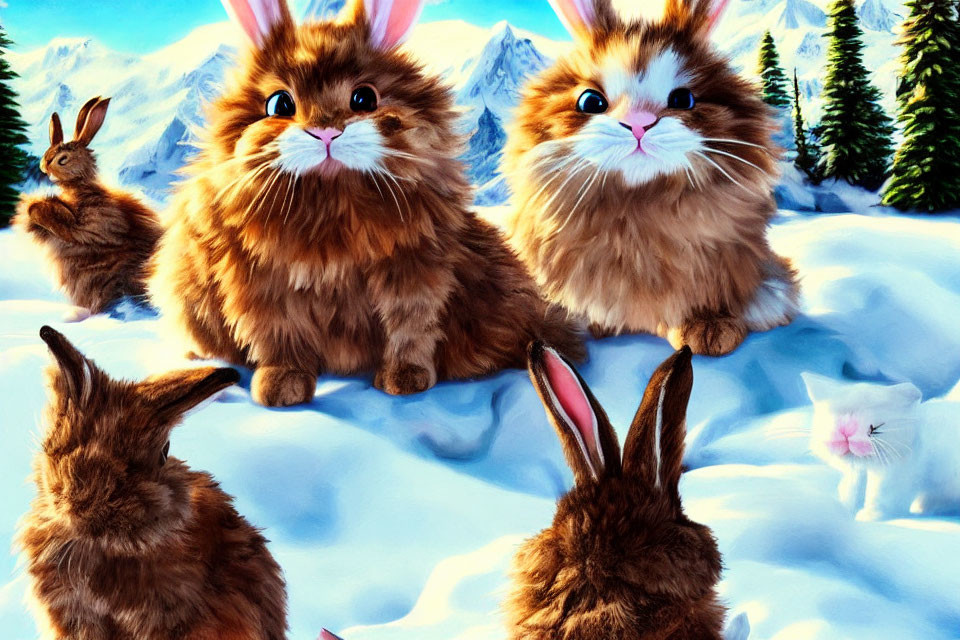 Fluffy rabbits and kitten in snowy landscape