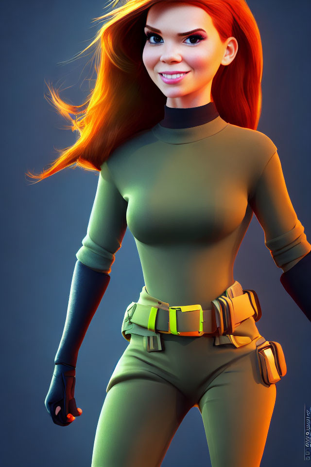 Red-Haired Woman in Green Bodysuit 3D Illustration