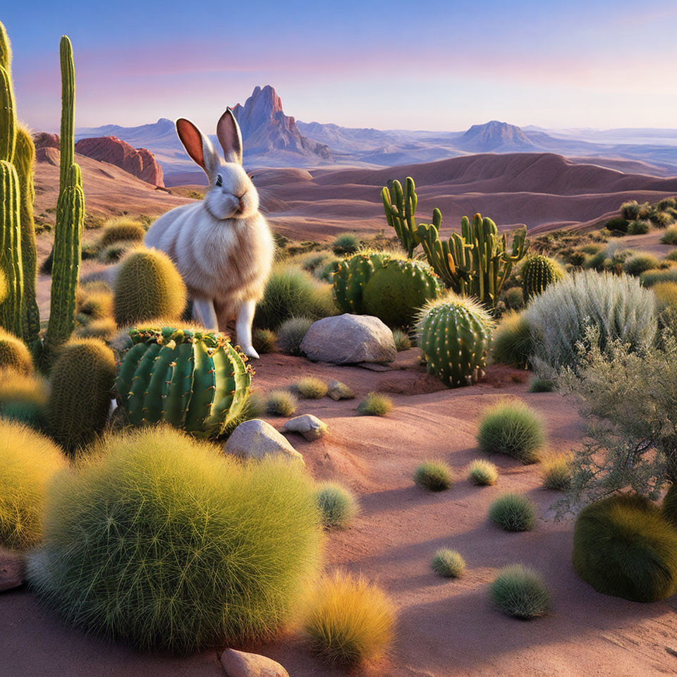 Large Rabbit in Desert Landscape with Cacti and Mountains