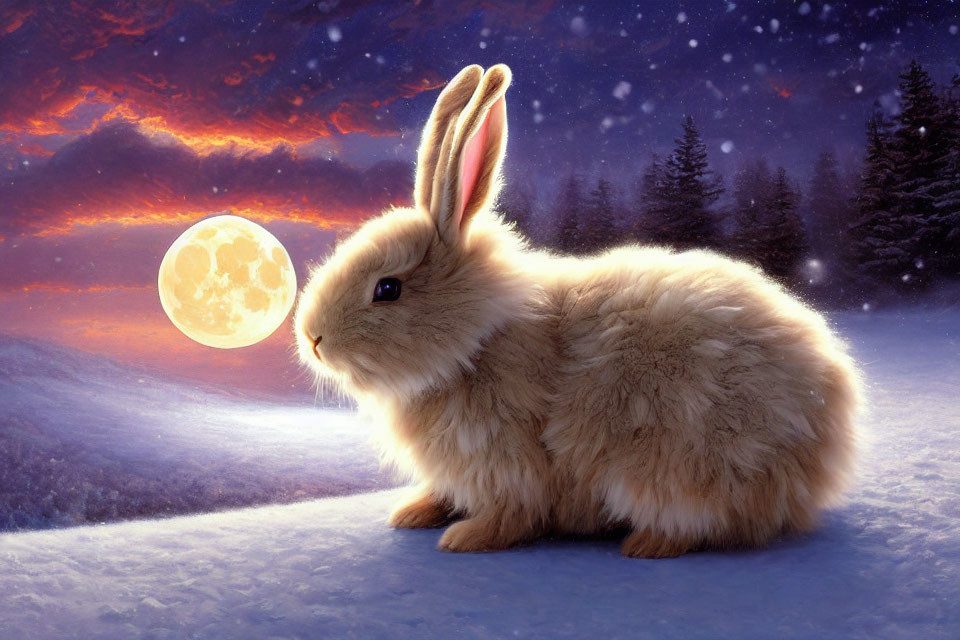 Fluffy bunny in snow with full moon and colorful sky