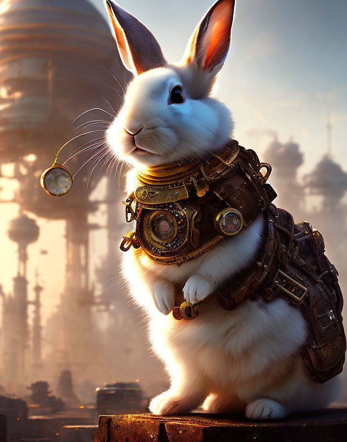 Steampunk-style rabbit with mechanical harness and goggles in industrial setting
