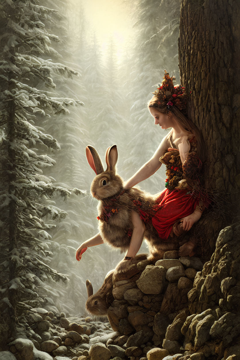 Fantasy scene: Woman with floral crown petting giant rabbit in enchanted forest