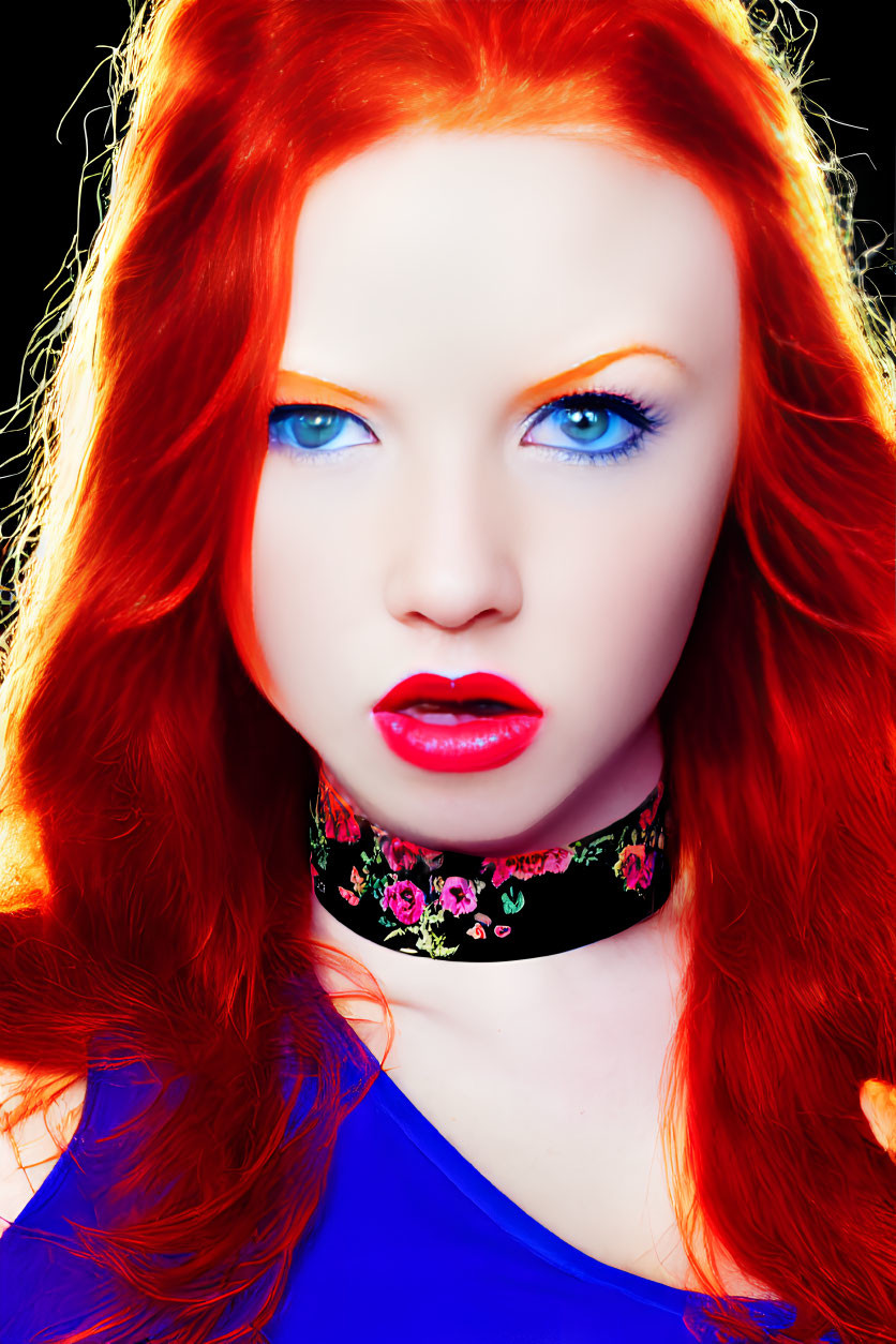 Colorful portrait of woman with red hair, blue eyes, red lipstick, and floral choker on