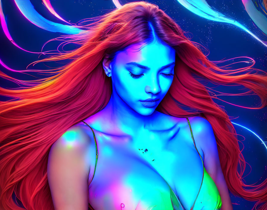 Vibrant digital art: Woman with red hair on cosmic background