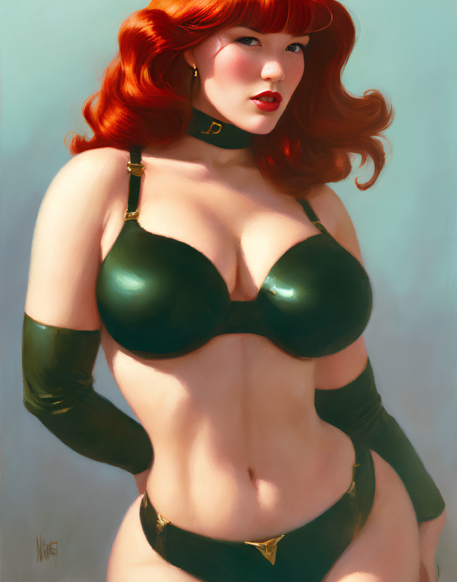 Digital painting of woman with red hair in black bikini and gold accents, wearing black opera gloves.