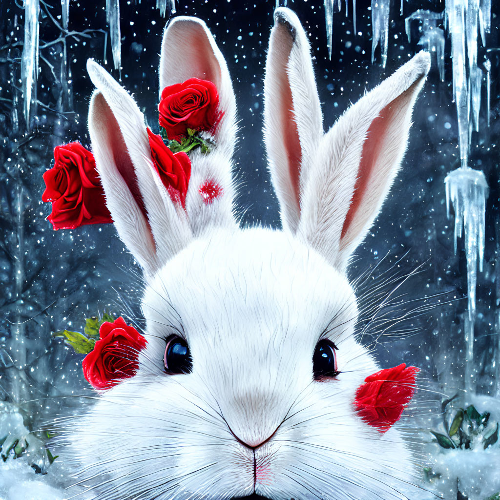 White Rabbit with Red Roses and Icicles in Snowy Scene