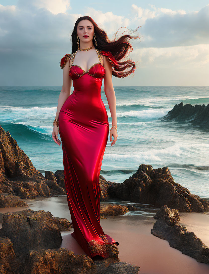 Woman in Red Dress on Rocky Beach with Wind-Blown Hair