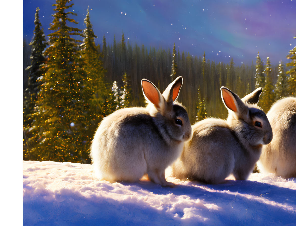 Rabbits in Snow with Forest & Aurora Sky