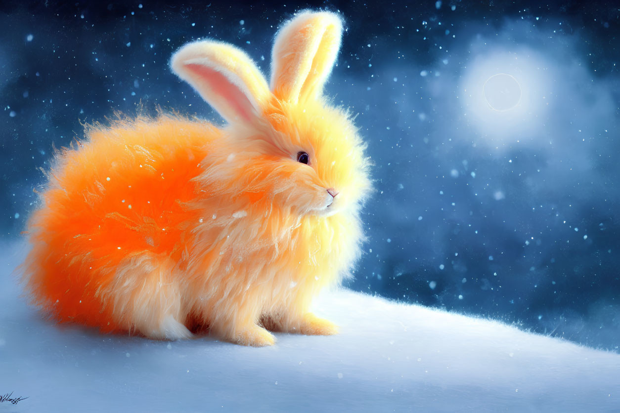 Fluffy Orange Bunny in Snowy Night Scene