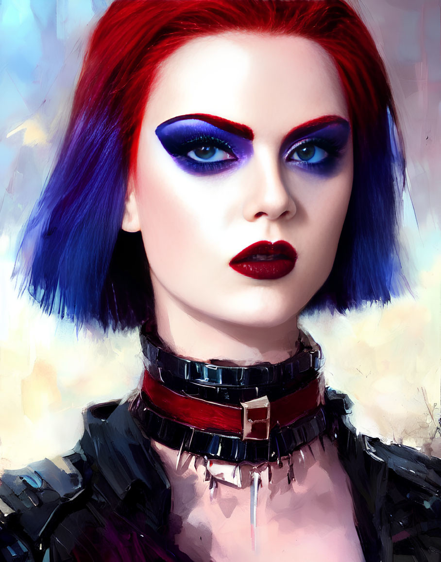 Colorful digital portrait of a person with red and blue hair, blue eyeshadow, red lipstick