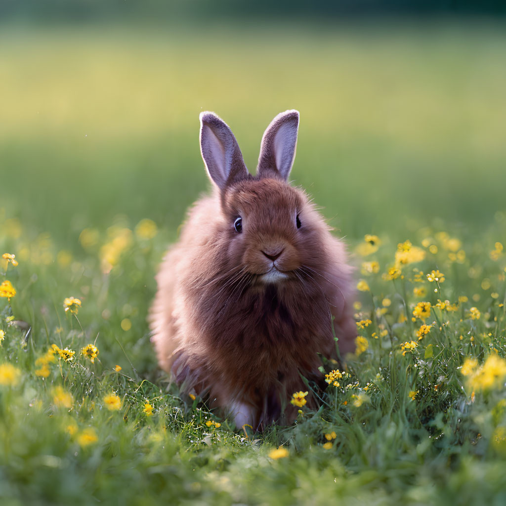 Brown Rabbit Sitting in Field with Yellow Flowers and Green Background