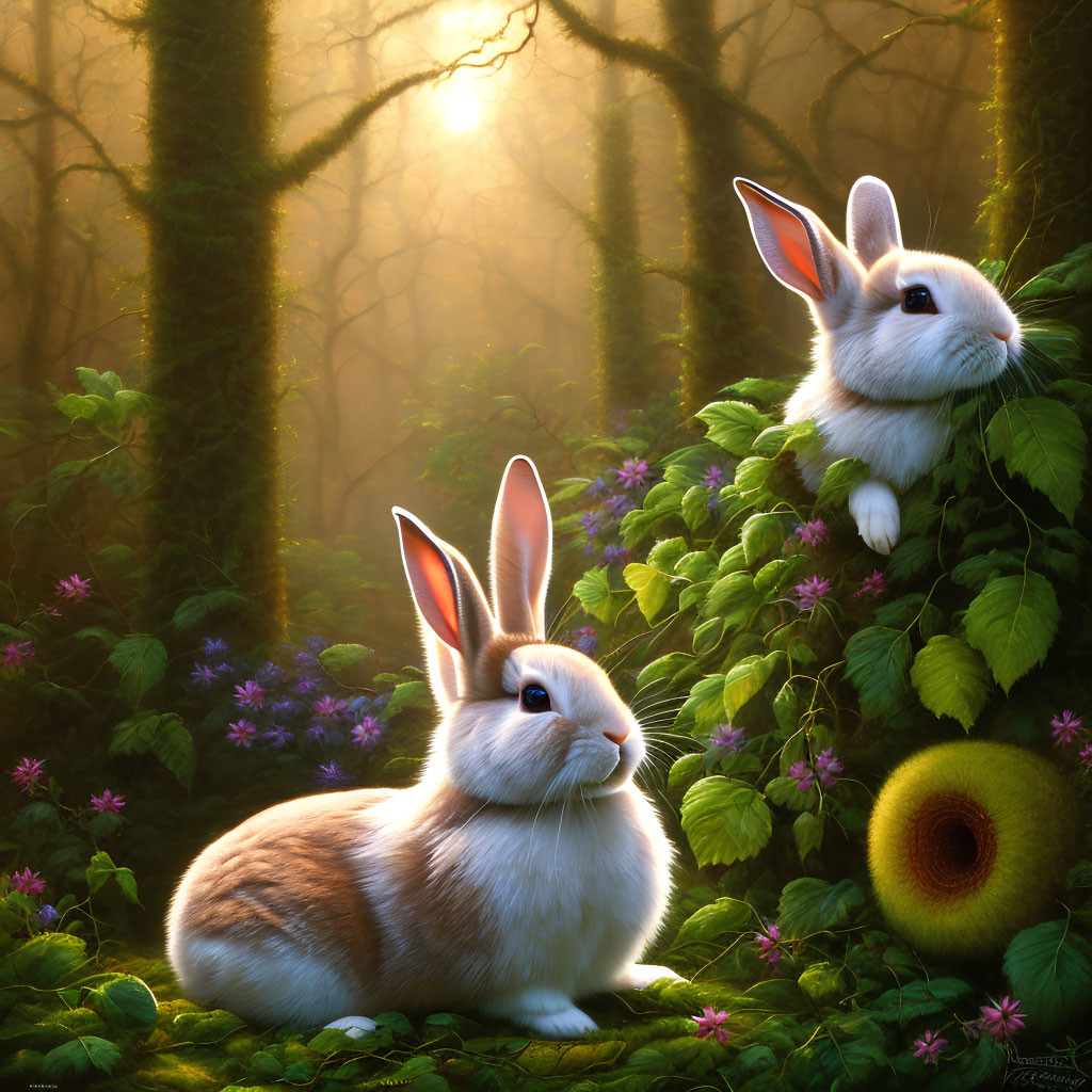 Two rabbits in lush green foliage and purple flowers under soft glowing light in misty forest