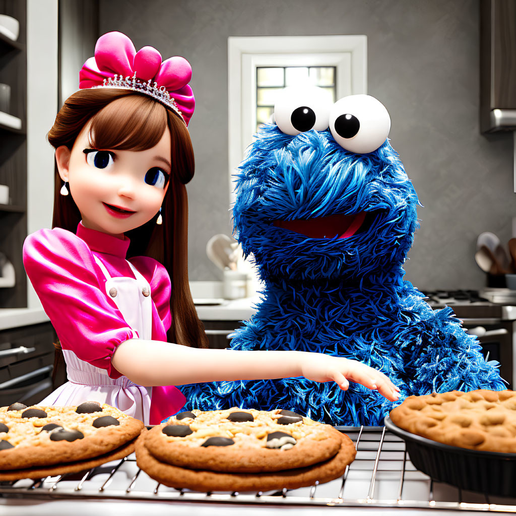 3D-animated girl and blue furry character in kitchen with cookies