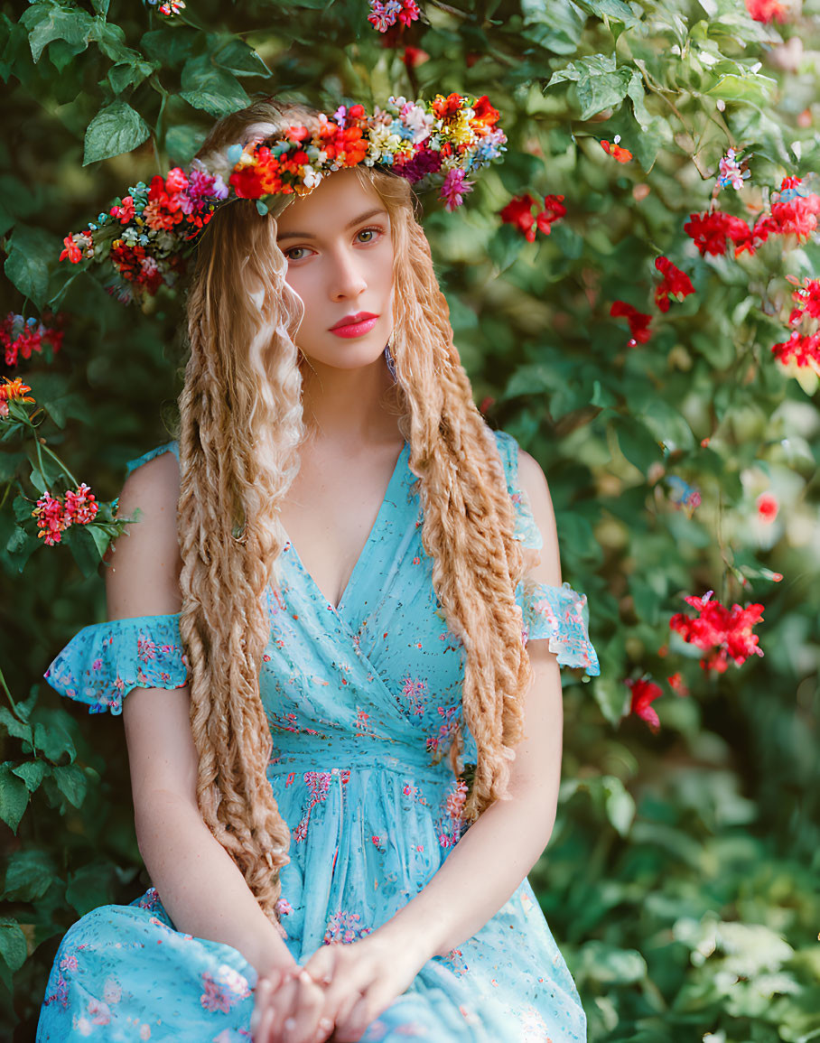 Young woman with long blond hair in floral wreath and blue dress surrounded by red blooms.