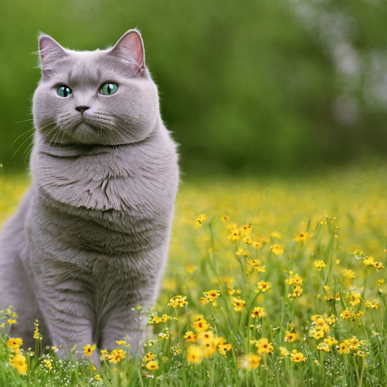 Grey Cat with Blue Eyes in Field of Yellow Flowers and Greenery