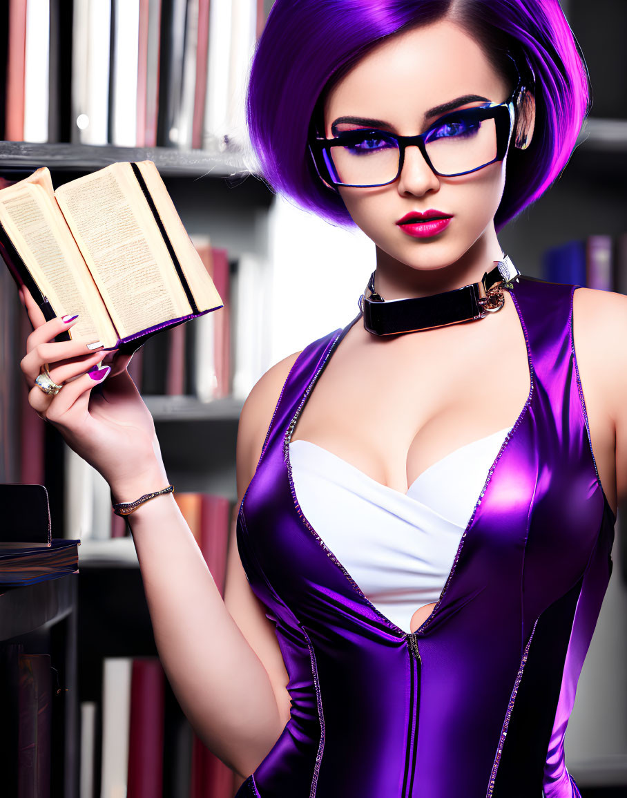 Woman with Purple Hair and Glasses Reading Book in Purple Dress