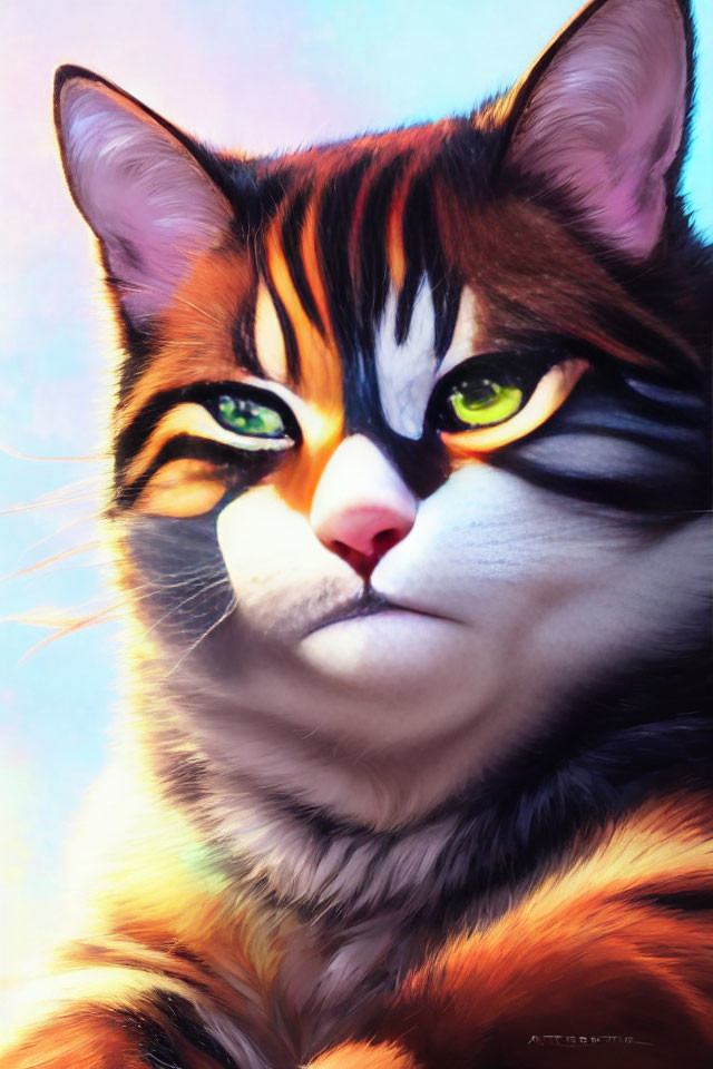 Detailed digital painting of orange and black striped cat with green eyes on blue background