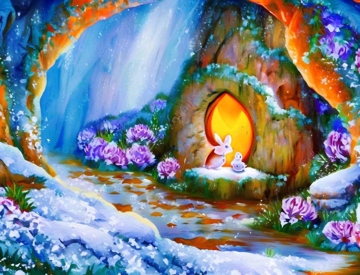 Vibrant painting of cozy rabbit burrow in winter landscape