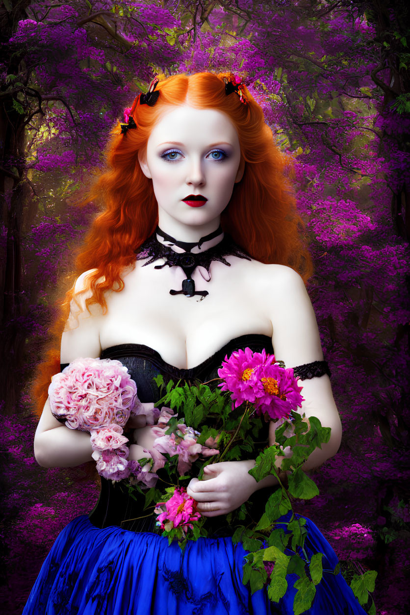 Vibrant red-haired woman in blue dress with flowers, against purple floral backdrop