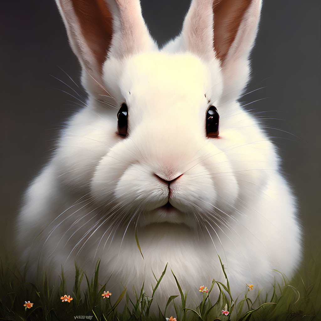 White Rabbit with Black Eyes in Field of Flowers: Close-up Shot