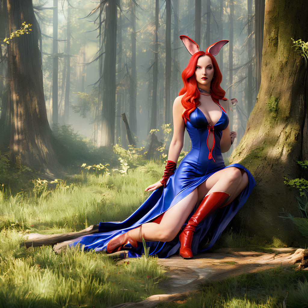 Woman in Blue and Red Rabbit Costume Sitting by Tree in Sunlit Forest