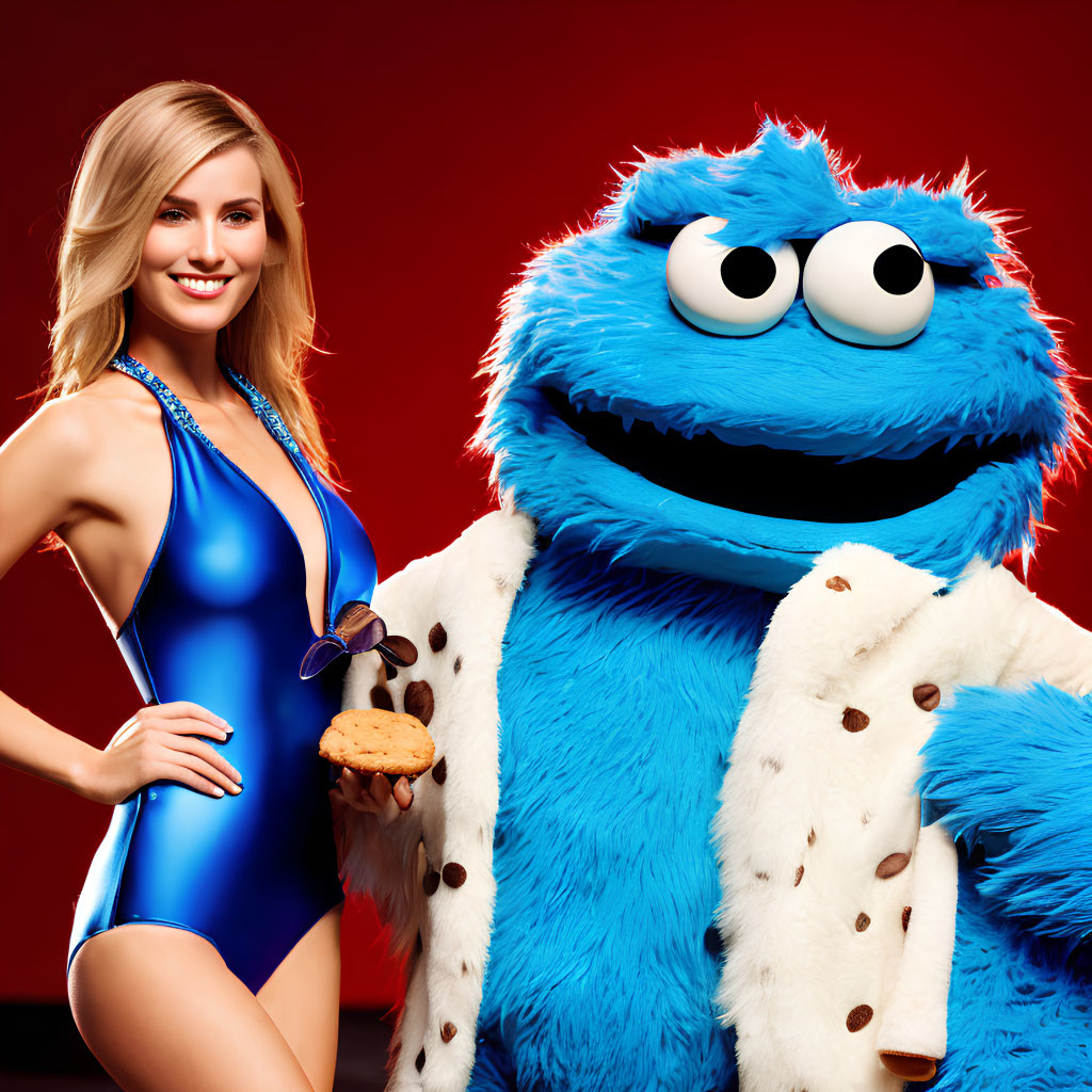 Woman in blue swimsuit with Cookie Monster holding a cookie on red background
