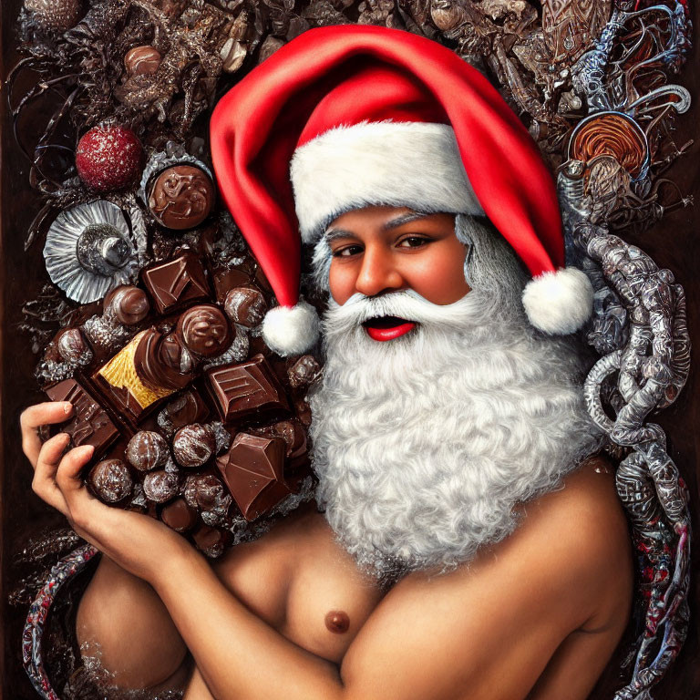 Santa Claus with chocolates and sweets on textured background