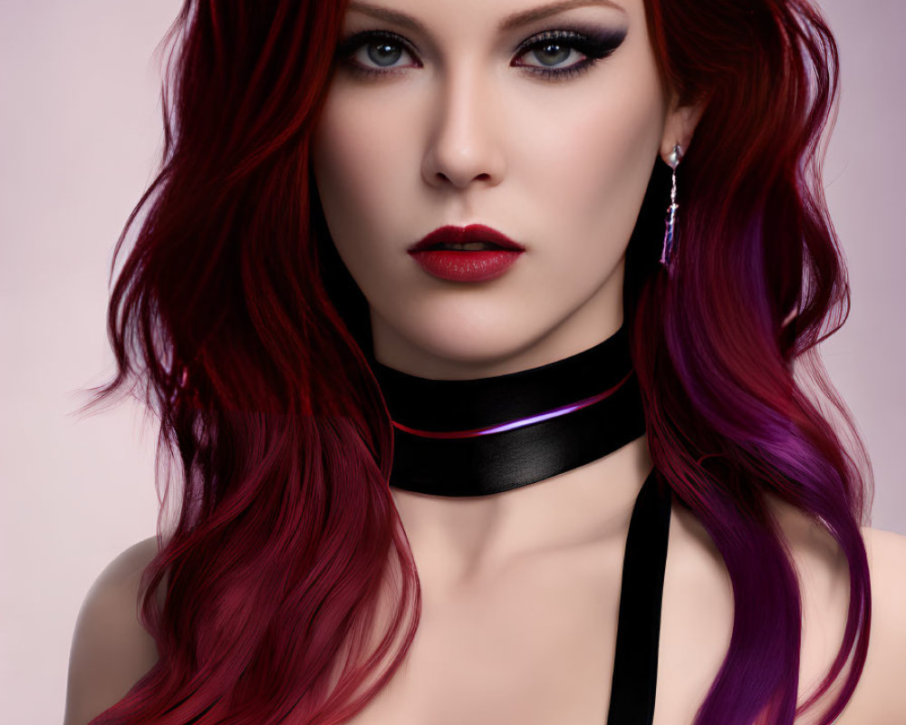 Portrait of woman with red to purple ombre hair, red lips, and black choker on