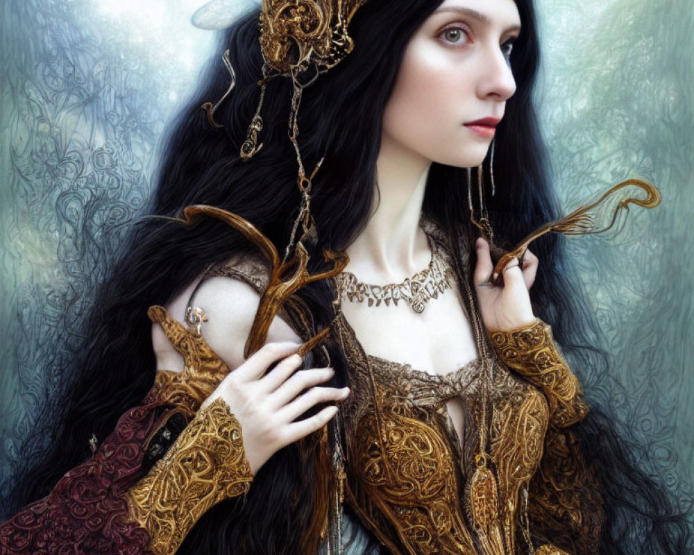 Fantasy portrait: Pale woman with black hair, golden crown, ornate garb, mystical forest