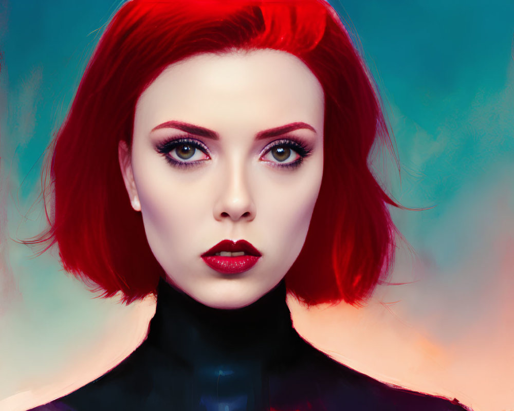 Vibrant red-haired woman portrait on teal background