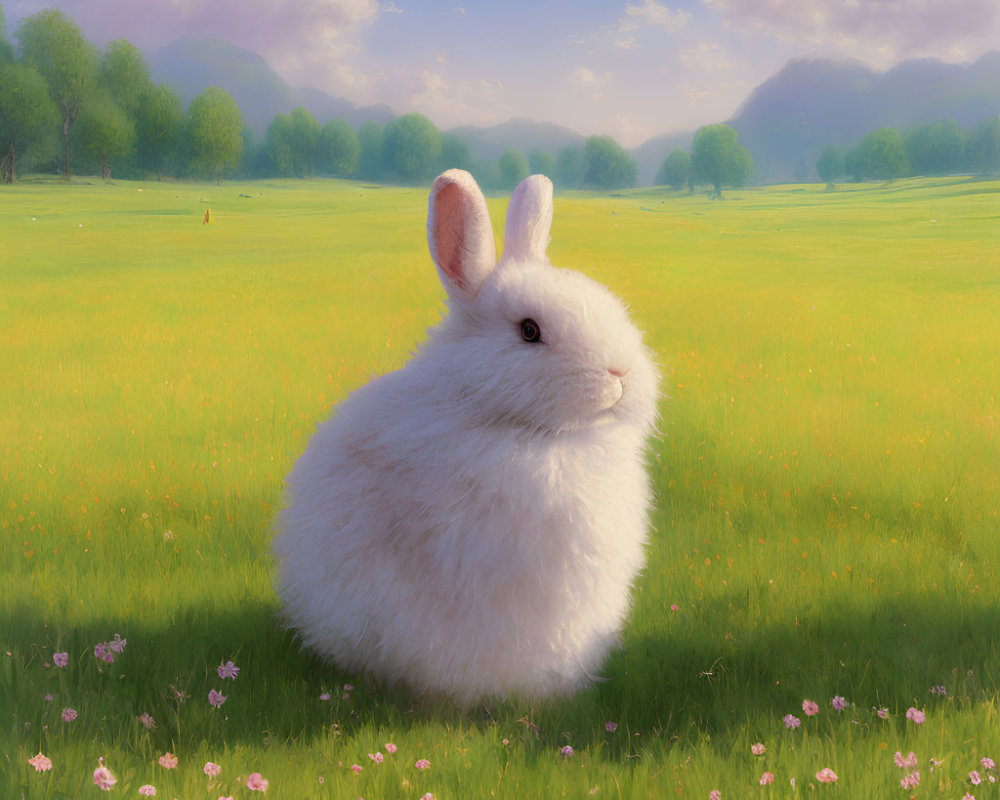 Fluffy white rabbit in green meadow with pink flowers
