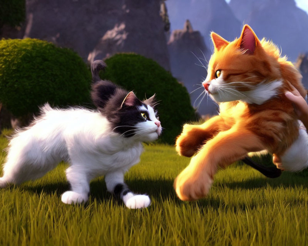 Two Animated Cats Playfully Interacting in Sunny Meadow