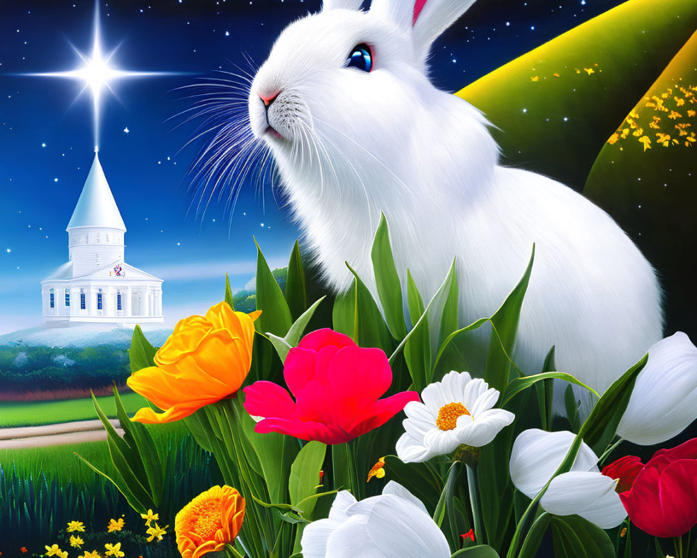 Colorful Spring Scene: White Rabbit, Flowers, Night Sky & Church