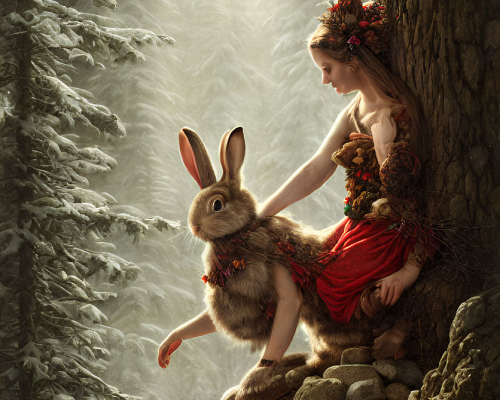 Fantasy scene: Woman with floral crown petting giant rabbit in enchanted forest