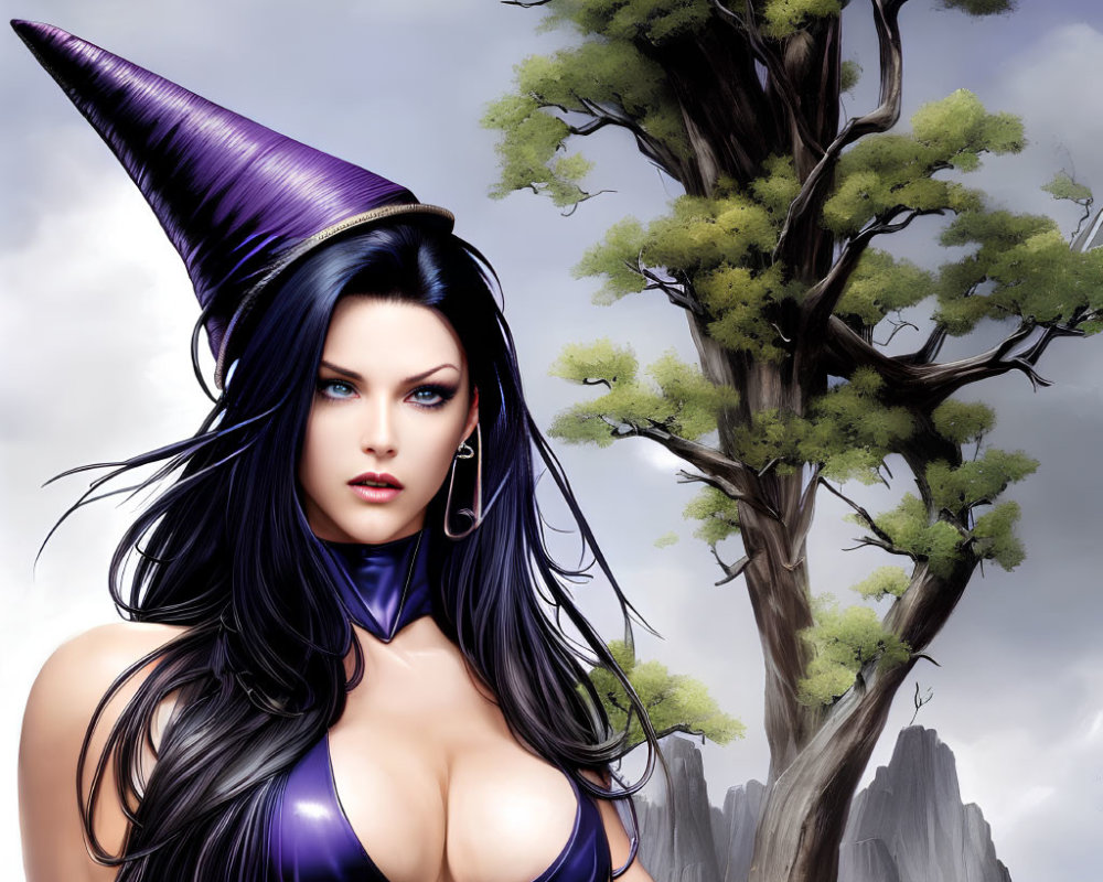 Female character with long black hair in purple witch attire against nature backdrop