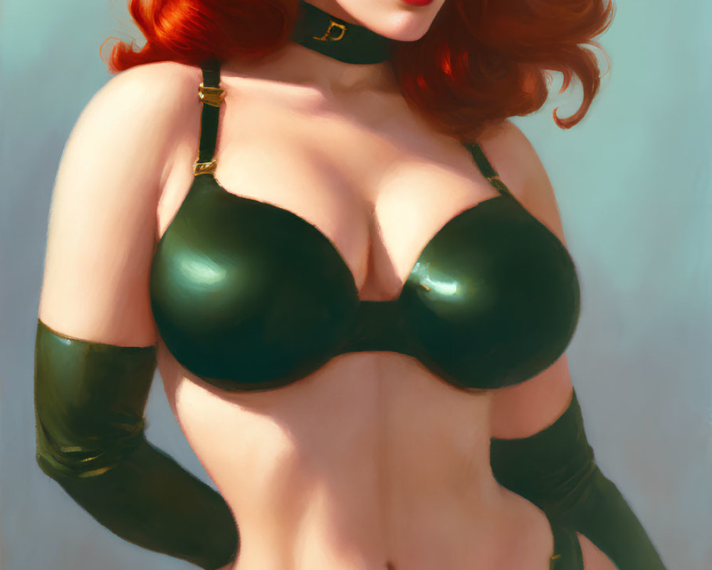 Digital painting of woman with red hair in black bikini and gold accents, wearing black opera gloves.