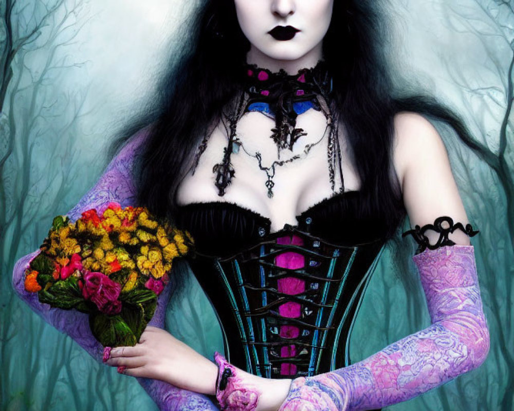Pale-skinned woman in dark makeup wearing black corset and blue skirt with floral headpiece and bouquet