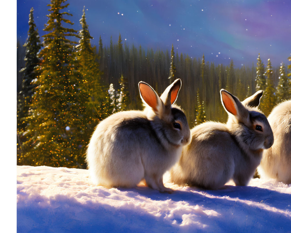 Rabbits in Snow with Forest & Aurora Sky
