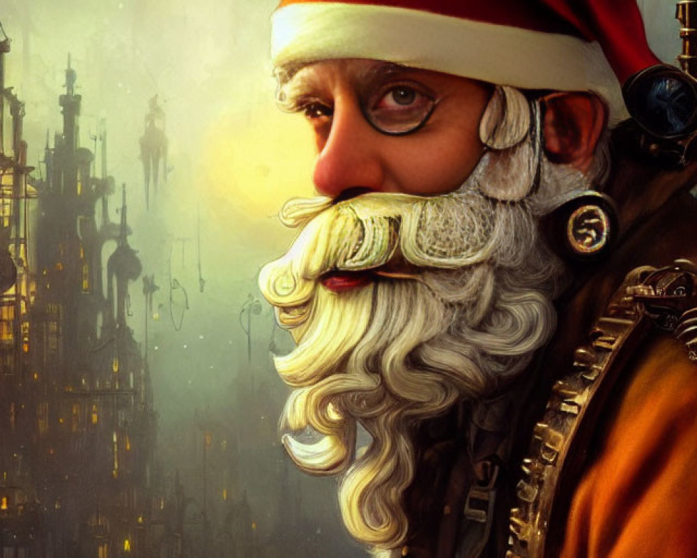 Steampunk Santa Claus with Mechanical Arm in Urban Background