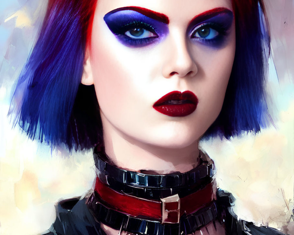 Colorful digital portrait of a person with red and blue hair, blue eyeshadow, red lipstick
