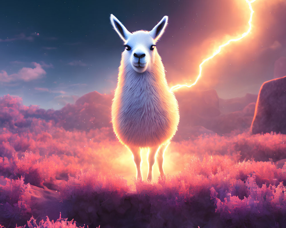 Majestic llama in vibrant, mystical landscape with lightning bolt