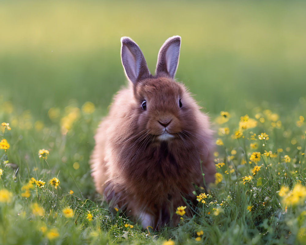 Brown Rabbit Sitting in Field with Yellow Flowers and Green Background