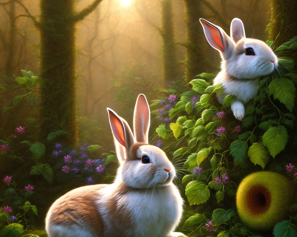 Two rabbits in lush green foliage and purple flowers under soft glowing light in misty forest