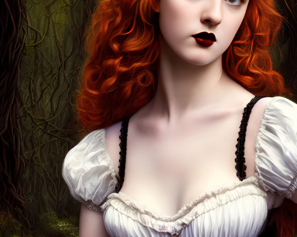 Red-haired woman in blue corset against mystical forest backdrop