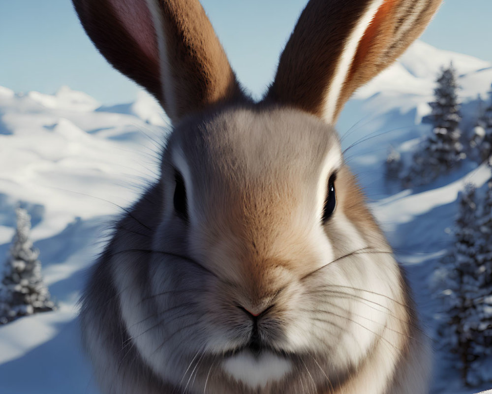 Realistic rabbit close-up in snowy landscape with trees and hills